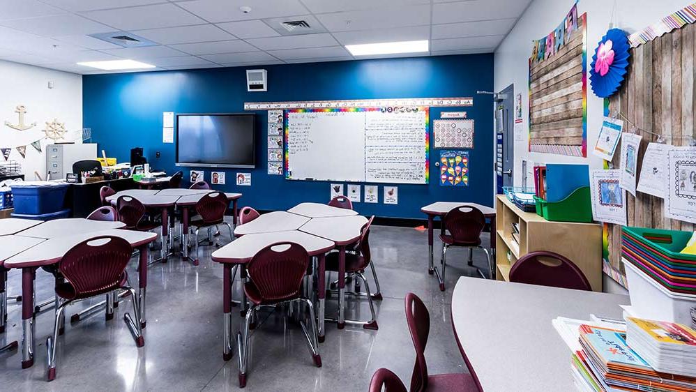 Interior of empty classroom.
